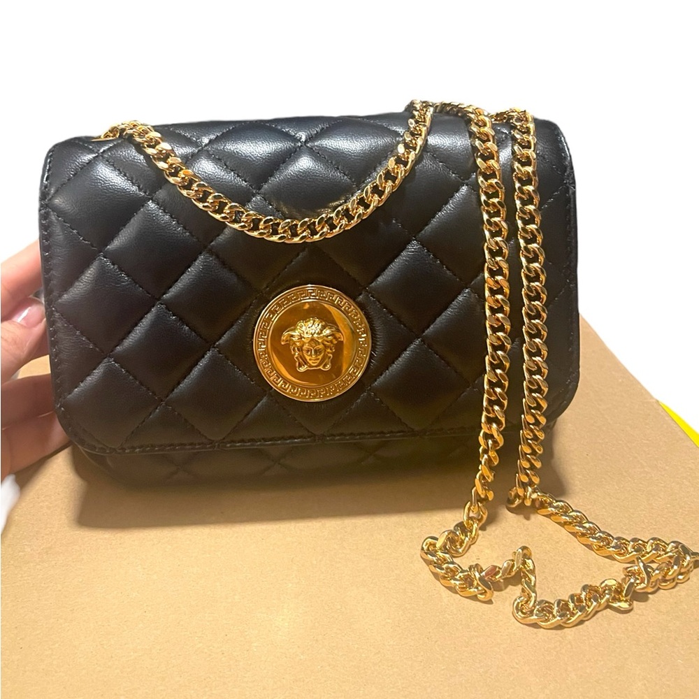 Versace Nappa Quilted Medusa Chain Crossbody Bag Black Calfskin Leather
